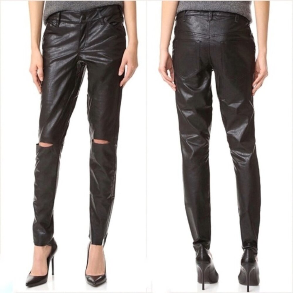 Free People One Teaspoon Pant Faux Leather Knee slit Straight Leg Black Size S